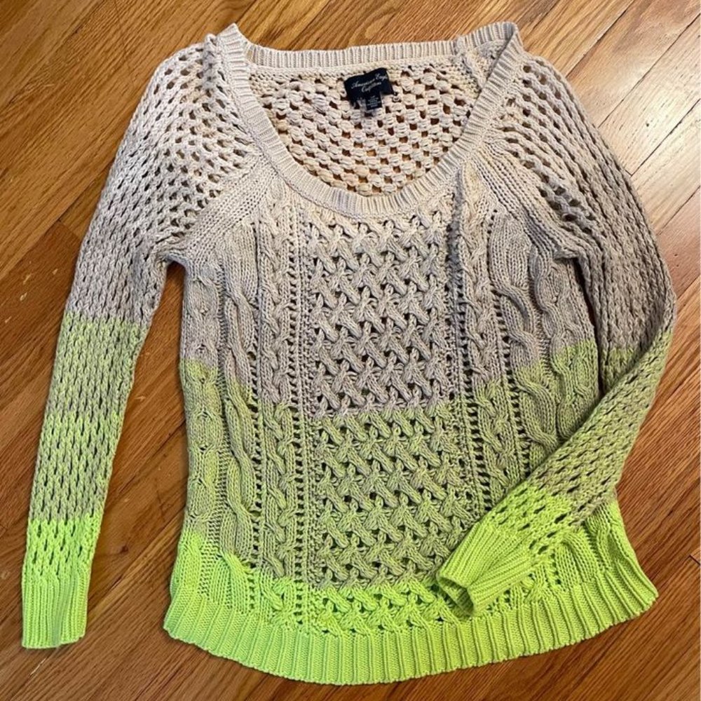 American Eagle Outfitters open knit tan and bright green sweater
